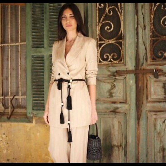 ZARA Woman’s CAMEL STRIPED Tassel BELTED Longline BLAZER Jacket Size XS - Picture 2 of 9